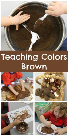 several different pictures of children making brown things