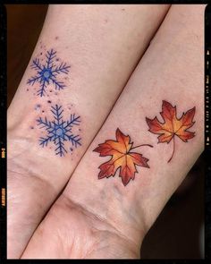 Autumn Leaves And Snowflakes Tattoo Inspiration - wrist tattoo inspiration Autumn Tatoos Fall, Leaf And Snowflake Tattoo, Fall Tattoo Sleeve Autumn Leaves, Fall And Winter Tattoo, Fall Time Tattoos, Fall Season Tattoo, Fall Leave Tattoos, Winter Tattoos For Women, Autumn Tattoos For Women