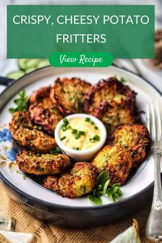 crispy, cheesy potato fritters on a plate with a small bowl of dip