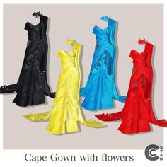 four different colored gowns with flowers on the bottom and one in red, yellow, blue, and black