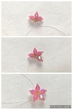 three images show how to make beaded flowers with pink beads and swaro crystals