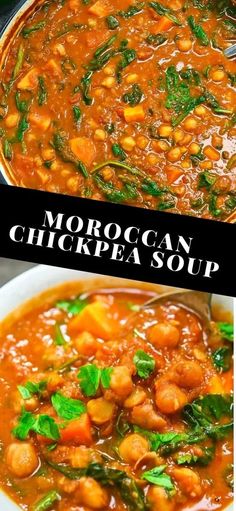 moroccan chickpea soup with spinach in a white bowl