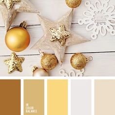 a color palette with gold and silver ornaments on white wood planks, including an ornament