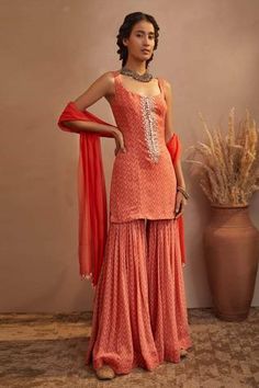 Shop for Aneesh Agarwaal Orange Georgette Paisley Print Kurta Sharara Set for Women Online at Aza Fashions Orange Sharara, Aneesh Agarwaal, Sharara Suit Designs, Dresses Lehenga, Sharara Dress, Sleeveless Kurta, Sharara Designs, Haldi Outfits, Kurta Sharara Set