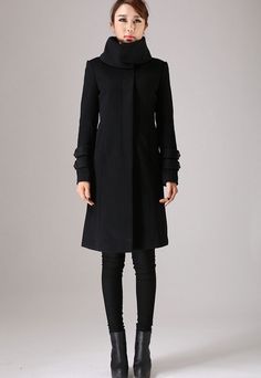 Black coat long sleeve Warm jacket winter jacket wool coat (751) Black Wool Coat Outfit, Black Wool Coat Women, Black Vest Outfit, Long Black Vest, Black Coat Outfit, Black Dress Coat, Mode Mantel, Black Overcoat, Vest Outfit