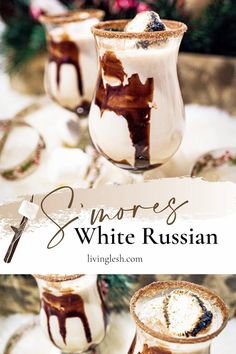 two glasses filled with white russian coffee on top of a table