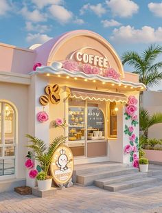 there is a coffee shop with pink flowers on the front and side walls, along with potted plants