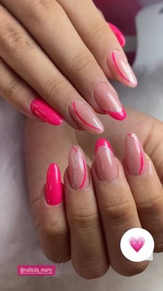 Hot Pink Nails Almond, Nail Art Fucsia, Karma Nails, Triangle Nails, Summer Nails Art, Pink Tip Nails, Hoco Nails, Multicolored Nails, Rose Nail Art