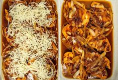 two pans filled with pasta and meat covered in grated parmesan cheese