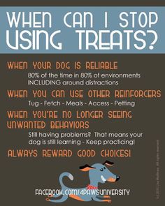 a poster with the words when can i stop using treats? and an image of a dog