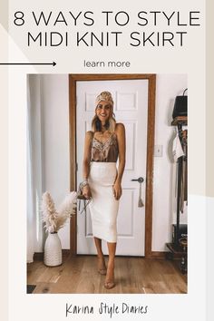 Knitted Skirt Outfit Summer, Cream Sweater Skirt Outfit, Beige Knit Skirt Outfit, Midi Knit Skirt Outfit, Rib Knit Skirt Outfit, Cream Knit Skirt Outfit, Knit Midi Skirt Outfit, Knit Maxi Skirt Outfit, Knitted Skirt Outfit