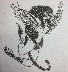 a black and white drawing of a woman with wings on her back holding a fish