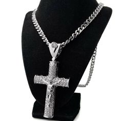 Men's huge crucifix cross hip hop chain. 30" x 8mm cuban chain with a lobster lock. Silver tone rhodium plated over alloy metal. Huge pendant is 4.75" tall w/bale, 2.25" wide. Pendant iced with dazzling round-cut stones. Sturdy well made pendant has a caged back. Solid neck piece good weight at 170 grams. 100% FREE SHIPPING in USA. Order now!. Cross Pendent, Dope Jewelry Accessories, Jesus Piece, Neck Pieces Jewelry, Hip Hop Chains, Hip Hop Necklace, Necklace Outfit, Black Unicorn, Baby Black