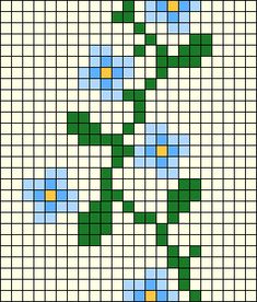 a cross stitch pattern with blue, yellow and green flowers on white squares in the middle