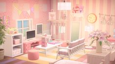 a room filled with furniture and decor in pastel pinks, yellows and whites