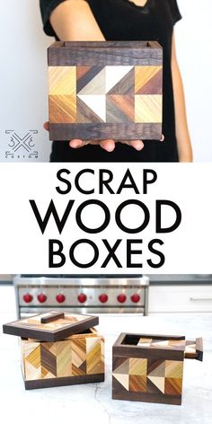 two wooden boxes with the words scrap wood boxes written on them and an image of a woman holding one