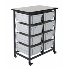 a black and white cart with four bins on it's sides, one is empty