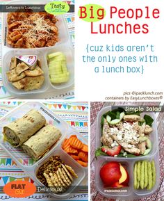 the lunch box is filled with different types of food and has words that read, big people lunches