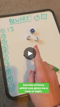 a person pointing at a board with dices on it and the words beware below