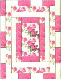 a pink and white quilt with roses on the center is featured in this image,