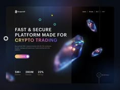 the landing page for fast and secure platform made for crypt trading, with an abstract background