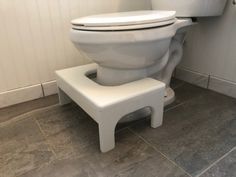 a white toilet sitting on top of a step stool in a bathroom next to a wall