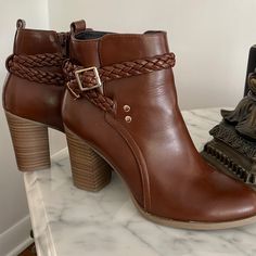 Super Cute Brown Ankle Boots W Braiding And Gold Hardware. Zip Inside Ankle. New Boots No Flaws Brown Ankle Strap Boots For Fall, Fall Medium Width Ankle Strap Booties, Short Cowgirl Boots, Womens Brown Ankle Boots, Dressy Shoes, New Boots, Black Suede Ankle Boots, Block Heel Shoes, Brown Heels