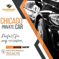 an advertisement for a private car dealership in chicago, illinois with a black and orange design