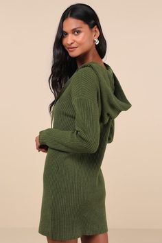 The Lulus Snuggly Option Olive Green Hooded Mini Sweater Dress is the cutest and coolest way to stay cozy all day long! Super soft ribbed knit shapes this must-have sweater dress that features an oversized drawstring hood framed by long sleeves with drop shoulders. Relaxed, shift silhouette leads to a cute mini hem. Pair with your cutest knee-high boots for the ultimate cold-weather look! Fit: This garment fits true to size. Length: Mid-thigh. Size medium Bust: Great for any cup size. Waist: Not Fitted - comfortable room throughout midsection. Hip: Not Fitted - room for hips. Undergarments: May be worn with any standard bra. Fabric: Fabric is very stretchy. Unlined. 53% Polyester, 35% Recycled Polyester, 12% Nylon. Hand Wash Cold. Do Not Bleach. Line Dry. Iron Low Heat. Imported. Lulus | S Fall Ribbed Knit Sweater Dress, Casual Green Ribbed Sweater Dress, Casual Winter Knit Sweater Dress, Cozy Knit Sweater Dress For Loungewear, Casual Ribbed Knit Sweater Dress, Winter Knit Sweater Dress With Ribbed Neckline, Knit Sweater Dress With Ribbed Neckline For Winter, Casual Knitted Sweater Dress For Loungewear, Casual Green Sweater Dress For Winter