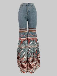 Flared Pants Floral Printed High-Waisted Pockets Jean Pants Bottoms Recreate Outfits, Funky Jeans, Clothing Embellishments, Otherworldly Beauty, Denim Crafts Diy, Western Birthday, Boho Clothes, Funky Shoes, Painted Jeans