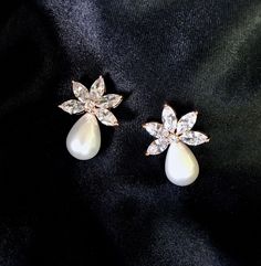 Wedding Jewelry - Pearl and Cubic Zirconia Bridal Earrings - Available in Silver and Rose Gold