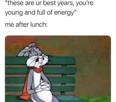 a cartoon rabbit sitting on top of a green bench with the caption that reads, these are ur best years, you're young and full of energy me after lunch