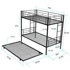 bunk bed frame size chart with measurements for the top and bottom tier, below it