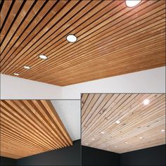 the ceiling is covered with wooden slats