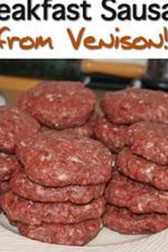 several hamburger patties stacked on top of each other with the words breakfast sausage from venis