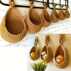 there are several baskets hanging on the wall next to a potted plant with eggs in them