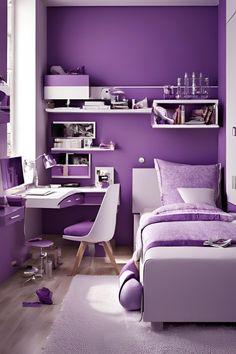 a bedroom with purple walls and furniture in the room, including a white desk and chair