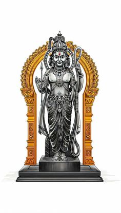 the statue of hindu god person in front of an open golden door with a white background