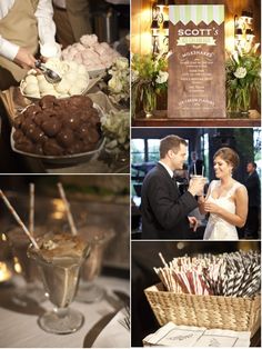 a collage of pictures with food and drinks on it, such as desserts