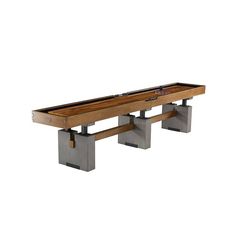 a wooden table with two metal legs and a long bench on one end that is attached to the other side