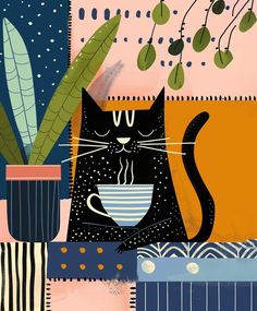 a painting of a cat sitting next to a potted plant and drinking from a cup