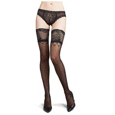 Topped with Natori's signature 3" feather lace top, lined with silicone for a true daylong hold, sans garters. Ultra-sheer fabric runs true all the way to the toe. A small, sweet dot marks the spot where each diamond meets, from thigh to foot. Black Lace Fitted Hosiery, Sheer Fitted Lace Hosiery, Sheer Lace Hosiery For Parties, Fitted Lace Fishnet Legwear, Sheer Lace Party Legwear, Elegant Fitted Mesh Hosiery, Elegant Black Mesh Legwear, Elegant Thigh High Mesh Hosiery, Elegant Thigh High Mesh Legwear