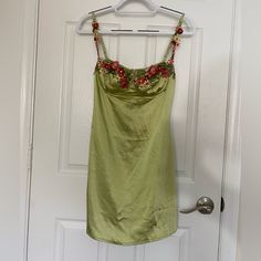 I Bought This Dress For A Party That Ended Up Getting Canceled. Super Cute. I’m Usually A Size 4 And I Got A Size 6 Fits Perfectly. Tags Are Still On It. Summer Embellished Satin Dresses, Summer Embellished Satin Mini Dress, Embellished Satin Mini Dress For Summer, Fitted Satin Mini Dress For Garden Party, Embellished Green Mini Dress For Summer, Fitted Silk Mini Dress For Garden Party, Fitted Silk Mini Dress Embellished, Spring Embellished Green Mini Dress, Green Lined Party Dress