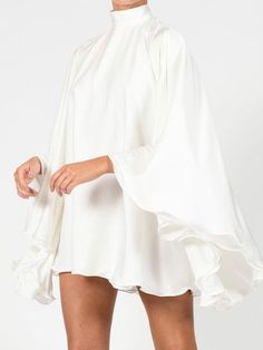 Solid Color High-Neck Backless Flared Sleeves Mini Dress White Flowy Mini Dress For Party, Chic White Mini Dress For Brunch, Elegant White Flowy Mini Dress, White Flowy Mini Dress For Evening, Flowy White Mini Dress For Fall, Midi Skirts Summer, Mode Rock, High Waist Long Skirt, White Turtleneck