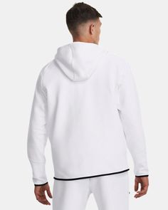 Double-knit fabric is soft, stretchy & breathable for superior comfort & mobility|Material wicks sweat & dries really fast|4-way stretch material moves better in every direction|Secure, zip hand pockets|Dropped, shaped hem for enhanced back coverage|Binding at cuffs & bottom hem|Raglan sleeves White Half-zip Athleisure Sweatshirt, Functional White Fleece Sweatshirt, Sporty White Half-zip Hoodie, White Sporty Half-zip Hoodie, White Half-zip Sporty Hoodie, Casual White Half-zip Activewear, White Fleece Activewear With Ribbed Cuffs, White Fleece Sweats For Sports, Under Armour Sporty Hoodie For Sports