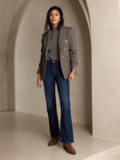 The Rigid Bootcut Jean | Banana Republic Women’s Fashion Winter Work, Ways To Style Bootcut Jeans, Business Mom Outfits, Bohemian Classic Style, Tailored Style Women, Diana Bishop Style, Business Casual Jean Outfits For Women, My Style Over 50 Fifty Not Frumpy, Winter Work Casual Outfits For Women