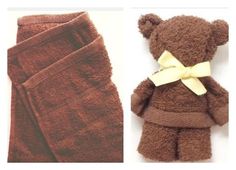 two pictures of teddy bears with towels on them