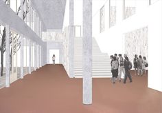 an artist's rendering of people walking down a hall with stairs and trees in the background