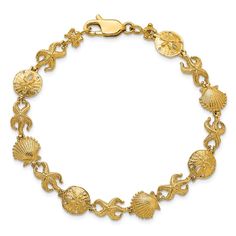 14k yellow gold textured shell, sand dollar and starfish link bracelet. Measures approximately 5/16 of an inch in width and has a lobster claw clasp. Gold Ocean-inspired Starfish Bracelets, Starfish Jewelry, Chain Charm Bracelet, Shells And Sand, Starfish Bracelet, Sand Dollars, Warm Yellow, Sea Star, Star Bracelet