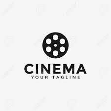 a black and white logo with the word cinema on it, in front of an image of